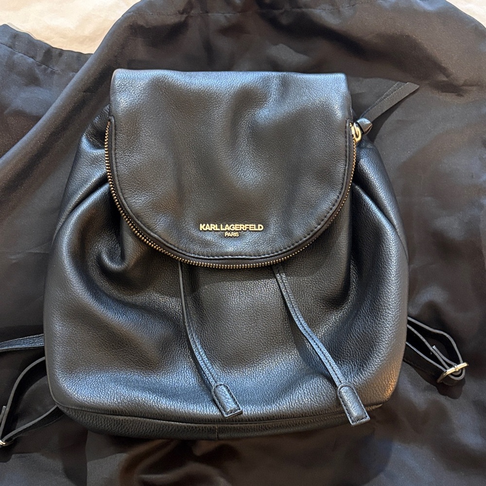 Karl Lagerfeld Black Pebbled Leather Flap Backpack with Gold Logo